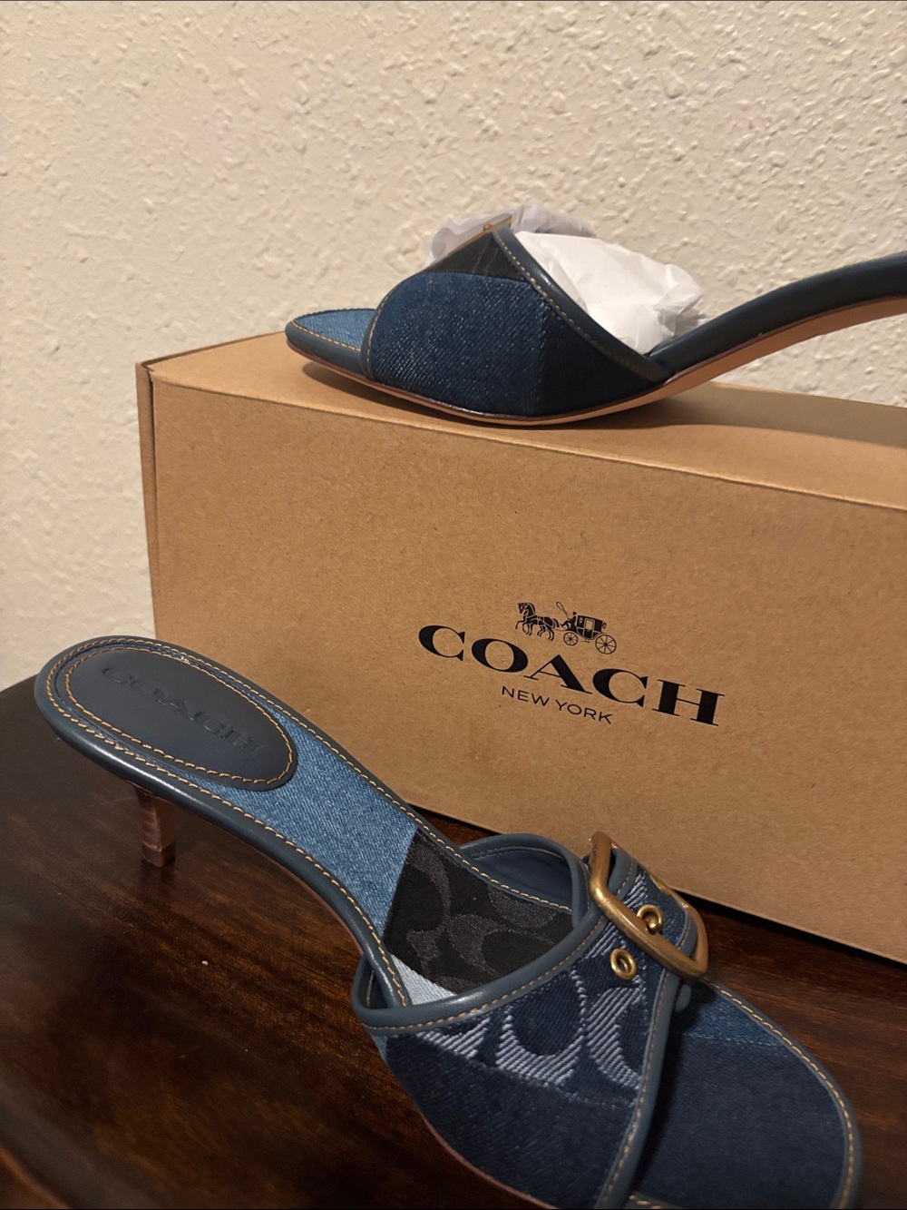 Coach Denim Slide Mules in Dark Blue with Brass Hardware
